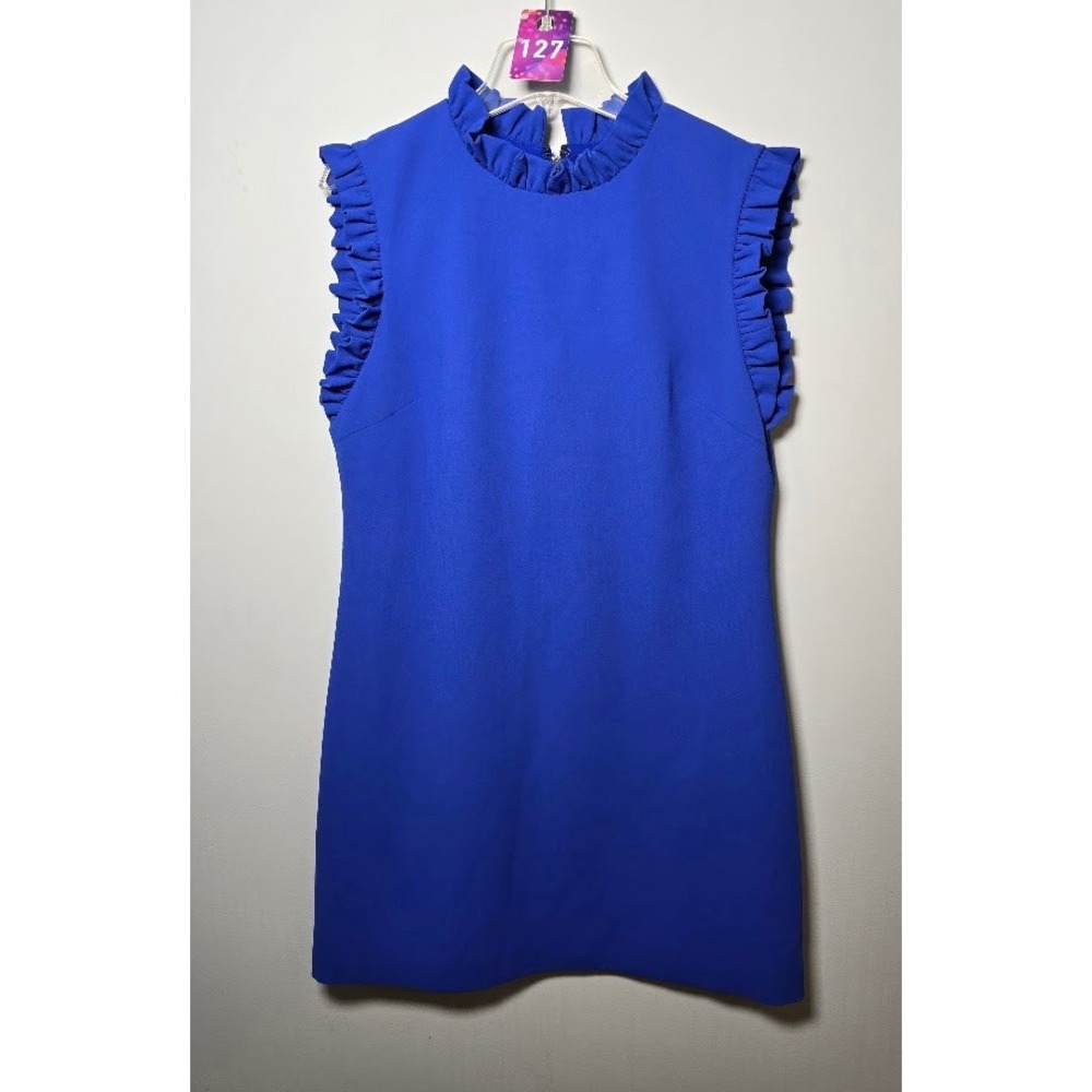 Alice + Olivia Womens Dress Cobalt Blue Ruffle Mock Neck Sleeveless Shift Sz 12